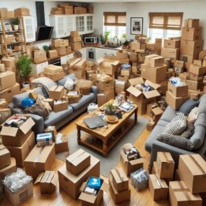 A house interior filled with cluttered boxes. The living room is packed with various sizes of cardboard boxes stacked haphazardly.